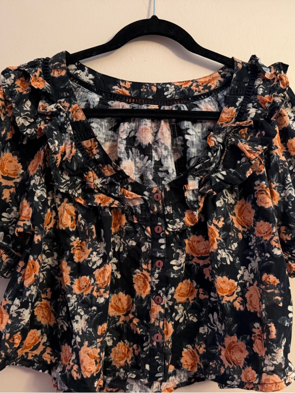 Free People Black Blouse with Orange Floral Ruffles